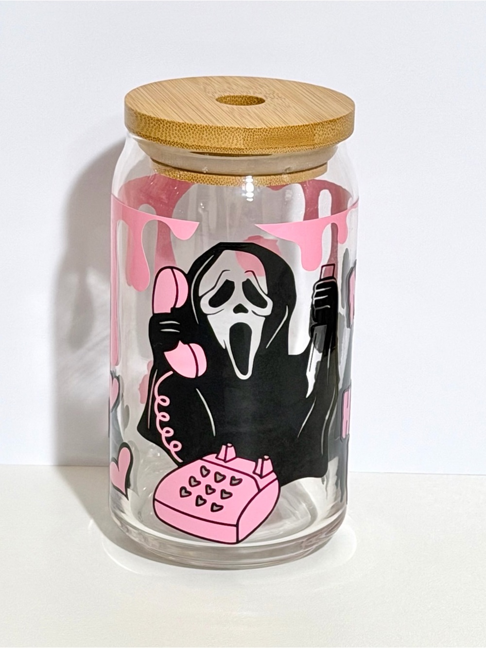 Pink No You Hang Up Ghost Face 16oz Libby Can Glass Tumbler with Bamboo Lid